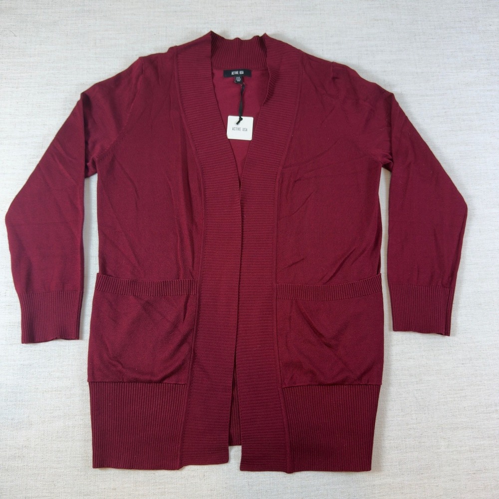 Active USA Burgundy Open Front Ribbed Trim Cardigan Sweater 1XL NWT